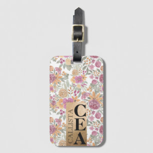 Golden Yellow Pink Floral Waterverf Monogram Bagagelabel