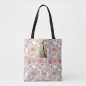 Golden Yellow Pink Floral Waterverf Monogram Tote Bag (Voorkant)