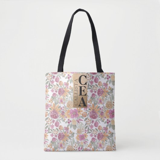 Golden Yellow Pink Floral Waterverf Monogram Tote Bag (Voorkant)