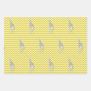 Golden Yellow Safari Chevron met Pop Art Giraffe Inpakpapier Vel