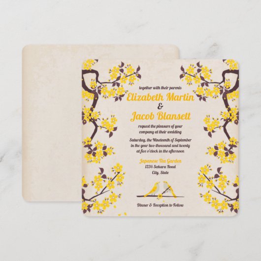 Golden Yellow Sakura en Tortelduifjes Wedding Kaart (Voorkant / Achterkant)