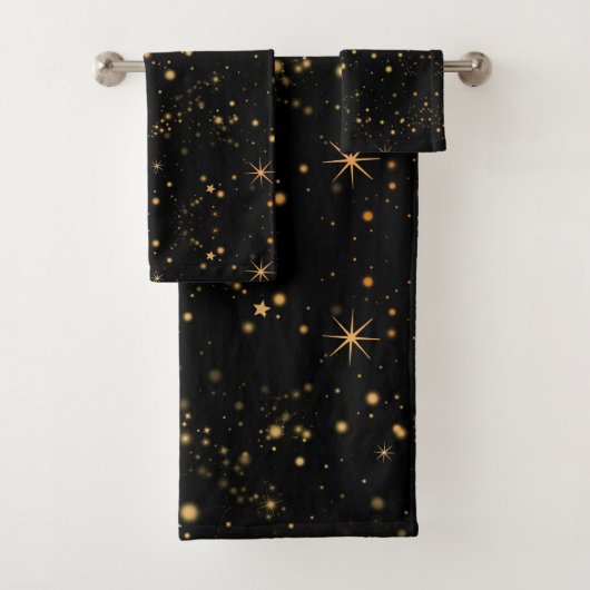 Golden Yellow Stars Black Night Sky Bad Handdoek (Insitu)