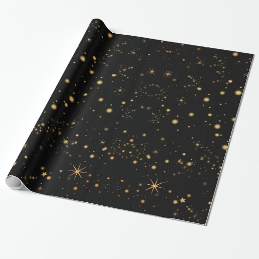 Golden Yellow Stars Black Night Sky Cadeaupapier (Uitgerold)
