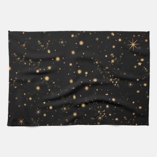 Golden Yellow Stars Black Night Sky Theedoek (Horizontaal)