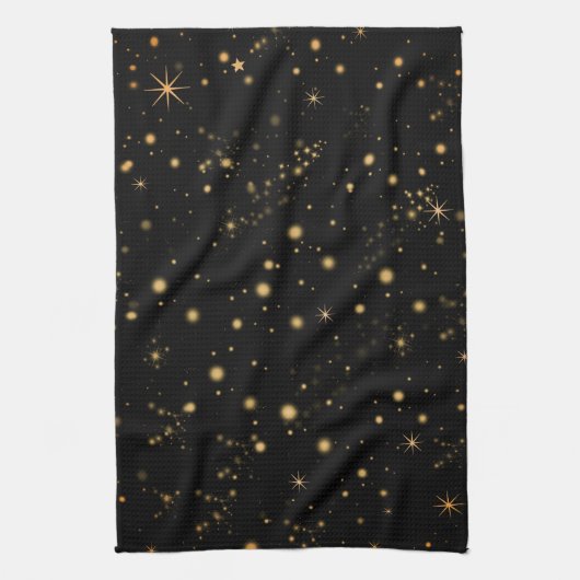 Golden Yellow Stars Black Night Sky Theedoek (Verticaal)
