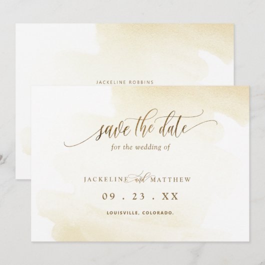 Golden Yellow Wash and Calligraphy Minimal Wedding Save The Date (Voorkant / Achterkant)