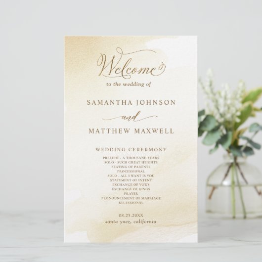 Golden Yellow Wash, Calligrafie Wedding Program (Staand voorkant)