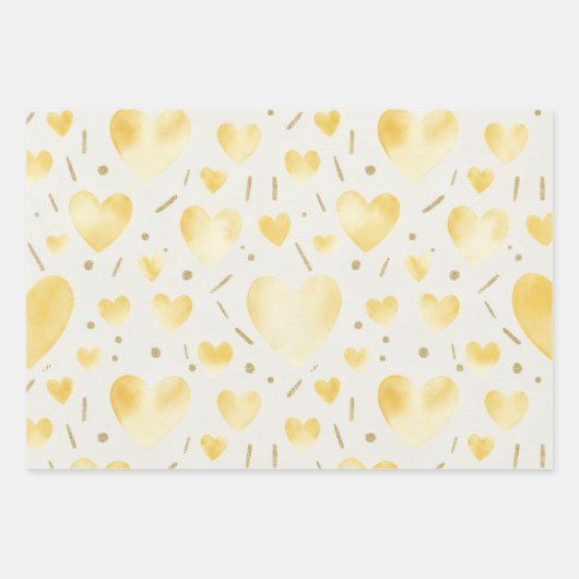 Golden Yellow Watercolor & Glitter Hearts Inpakpapier Vel (Voorkant)