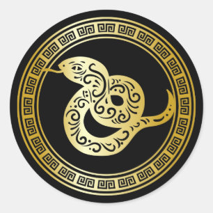 Golden Zodiac Snake op Black met Lijst Ronde Sticker