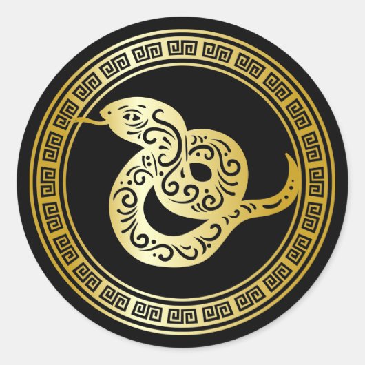 Golden Zodiac Snake op Black met Lijst Ronde Sticker (Voorkant)