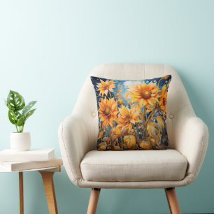 Golden Zonnebloemen bloeien Waterverf Kussen