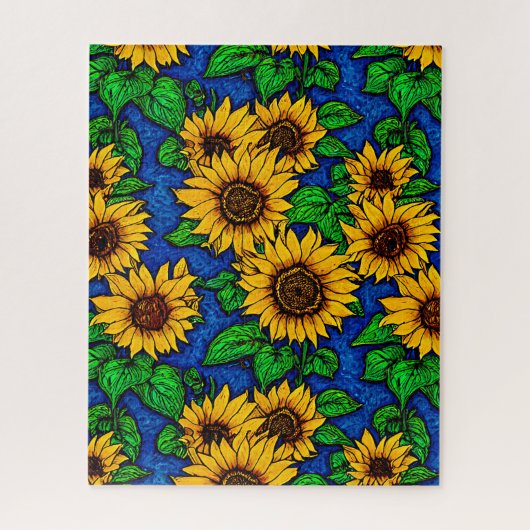 Golden zonnebloemen en bladeren op donkerblauw legpuzzel (Verticaal)