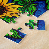 Golden zonnebloemen en bladeren op donkerblauw legpuzzel (Zijkant)