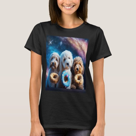 Goldendoedel in de ruimte met donuts en doodle boy t-shirt (Voorkant)