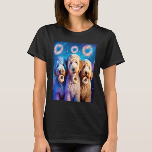 Goldendoedel in de ruimte met donuts en doodle boy t-shirt (Voorkant)