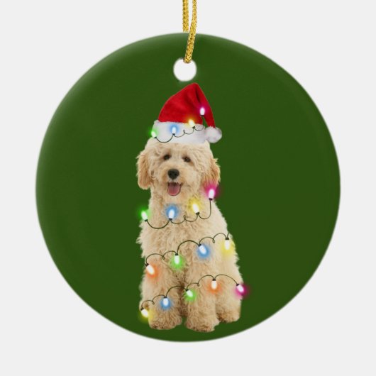 Goldendoedel met kerstschaats Santa Hat Keramisch Ornament (Voorkant)
