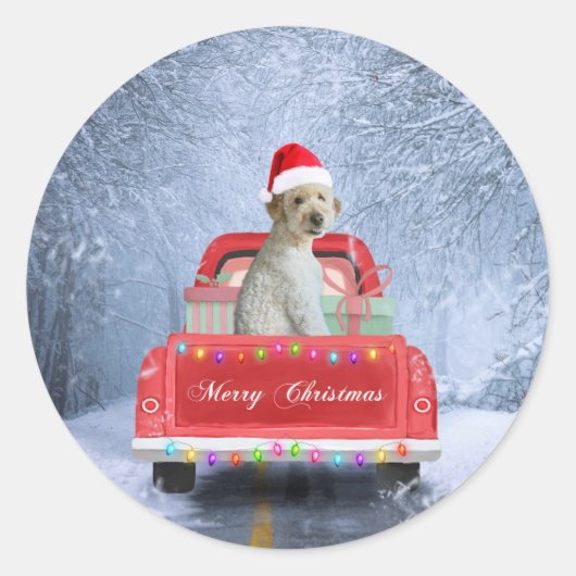 Goldendoedle Dog in sneeuw met kerstmis Ronde Sticker (Voorkant)