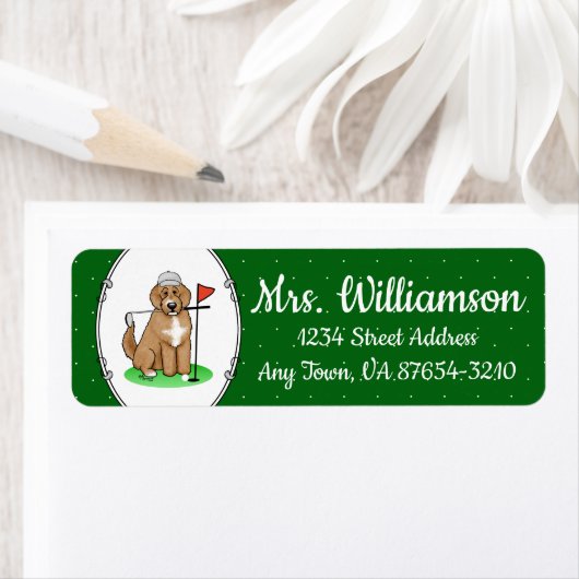 Goldendoedle Dog Play Golf (Red whmk2) Cute Fun Etiket (Insitu)