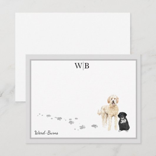 Goldendoedle en Friend Grey Border Monogram Name Notitiekaartje (Voorkant / Achterkant)