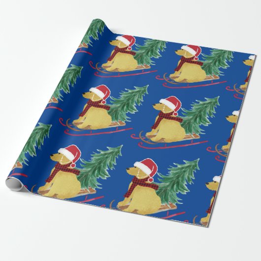 Goldendoedle met kersttong Blue Wrapping Paper Cadeaupapier (Uitgerold)