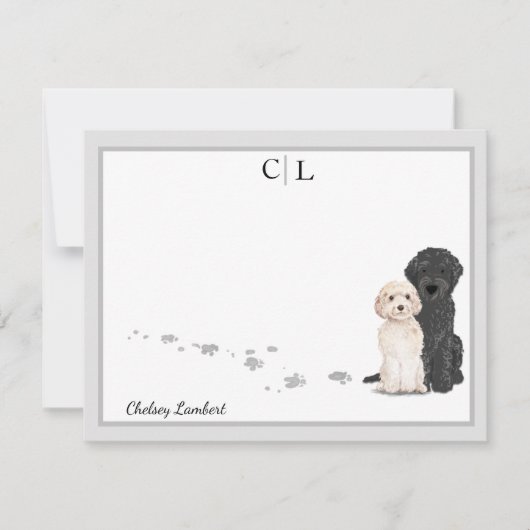 Goldendole Labradoodle Dogs Gray Border Monogram Notitiekaartje (Voorkant)