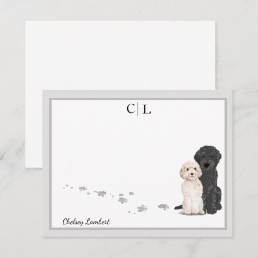 Goldendole Labradoodle Dogs Gray Border Monogram Notitiekaartje (Voorkant / Achterkant)