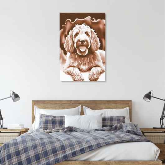 Goldendoodle Art "Happy Dog" Warme neutrale kleure Canvas Afdruk (Insitu (Slaapkamer))