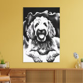 Goldendoodle Art Zwart Wit Schets "Happy Dog" Canvas Afdruk (Insitu (Woonkamer))