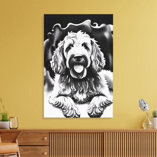 Goldendoodle Art Zwart Wit Schets "Happy Dog" Canvas Afdruk (Insitu (Woonkamer))