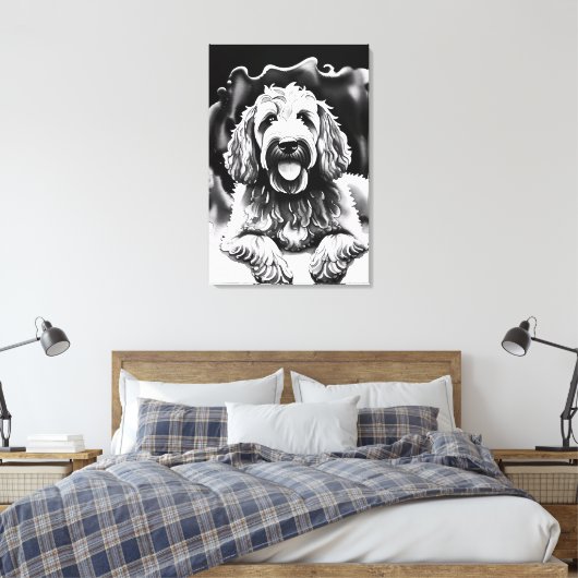 Goldendoodle Art Zwart Wit Schets "Happy Dog" Canvas Afdruk (Insitu (Slaapkamer))