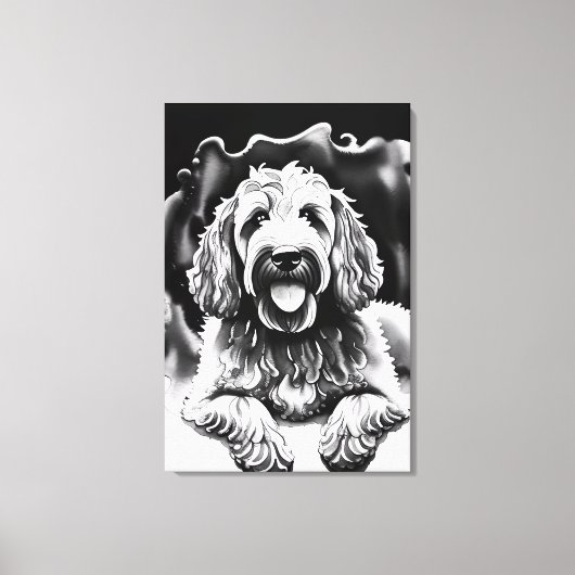 Goldendoodle Art Zwart Wit Schets "Happy Dog" Canvas Afdruk (Voorkant)