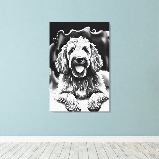 Goldendoodle Art Zwart Wit Schets "Happy Dog" Canvas Afdruk (Insitu (Houten vloer))