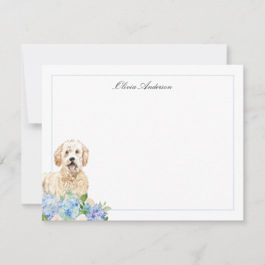 Goldendoodle Blauwe Hortensia Gepersonaliseerd Notitiekaartje (Voorkant)
