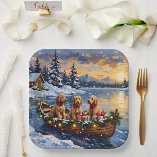 Goldendoodle Christmas Boat Holiday Papieren Bordje (Huwelijk)