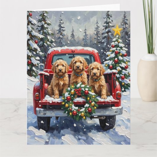 Goldendoodle Christmas Red Truck Holiday Kaart (Voorkant)