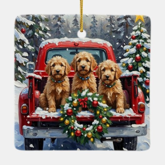 Goldendoodle Christmas Red Truck Holiday Keramisch Ornament (Achterkant)