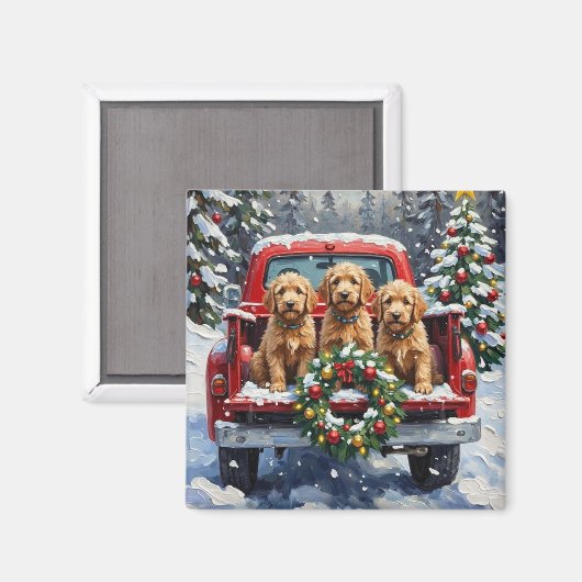 Goldendoodle Christmas Red Truck Holiday Magneet (Voorkant / Achterkant)
