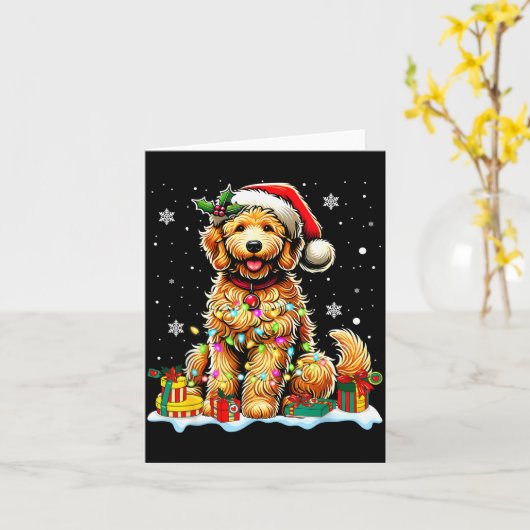 Goldendoodle Christmas Santa Hat Fairy Lights Paja Kaart (Gele Bloem)