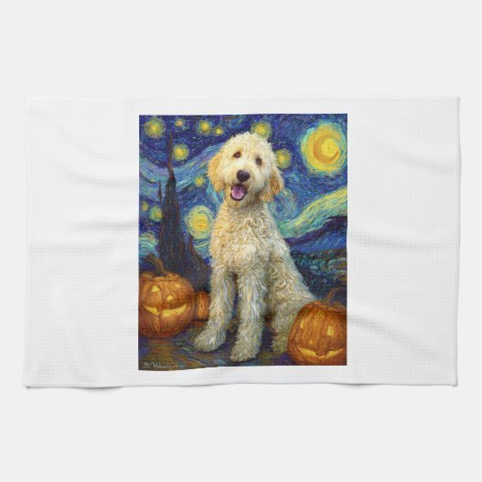 Goldendoodle Cute Dog Halloween Jack O Lantern Pum Theedoek (Horizontaal)