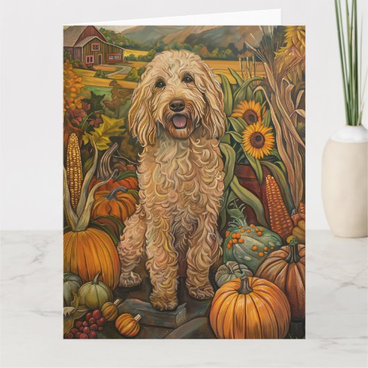 Goldendoodle Dog Autumn Harvest Thanksgiving Kaart (Voorkant)