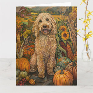 Goldendoodle Dog Autumn Harvest Thanksgiving Kaart