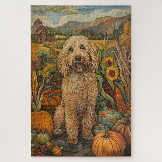 Goldendoodle Dog Autumn Harvest Thanksgiving Legpuzzel (Verticaal)