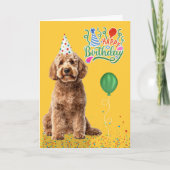 Goldendoodle Dog in a Party Hat on Yellow Birthday Kaart (Voorkant)