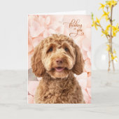 Goldendoodle Dog Peach Hydrangea Thinking of You Kaart (Gele Bloem)
