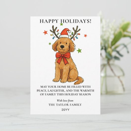 Goldendoodle Dog Reindeer Antlers Puppy Christmas Feestdagenkaart (Staand voorkant)