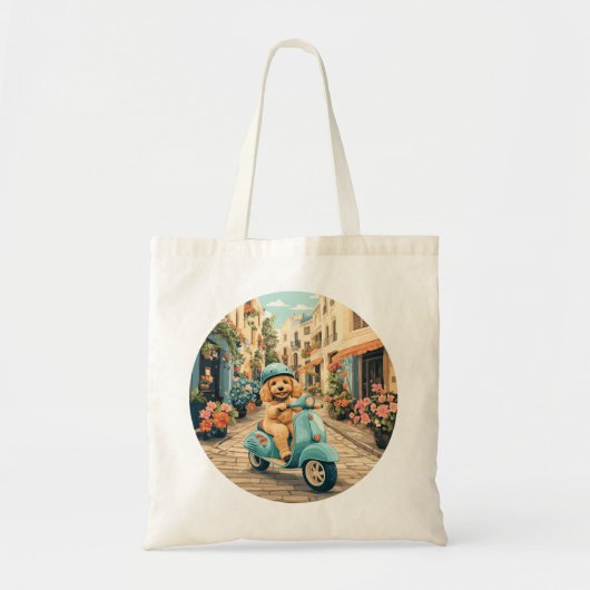 Goldendoodle Dog Riding Scooter European Streets Tote Bag (Voorkant)