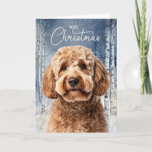Goldendoodle Dog Snowy Winter Forest Christmas Feestdagen Kaart (Voorkant)