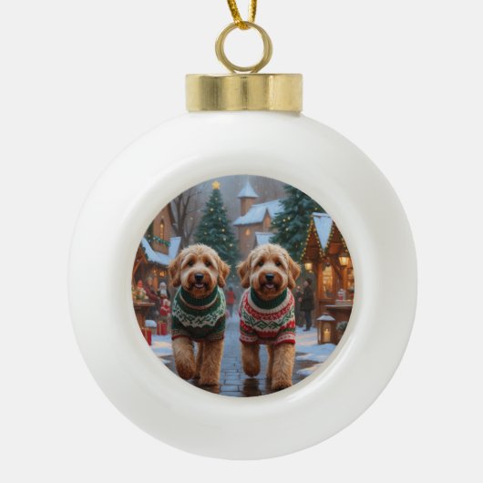 Goldendoodle Dogs Christmas Snow Holiday Keramische Bal Ornament (Voorkant)