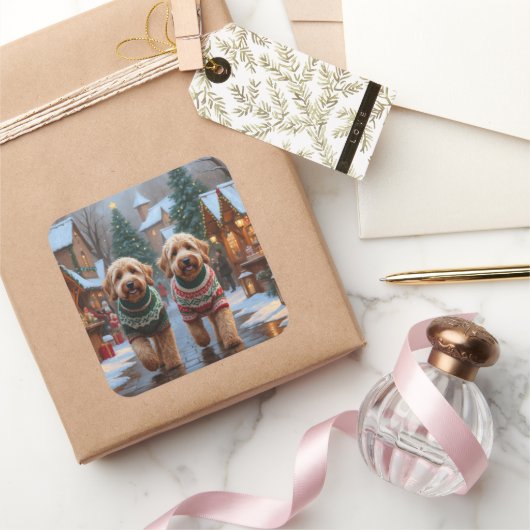 Goldendoodle Dogs Christmas Snow Holiday Vierkante Sticker (Geschenken)