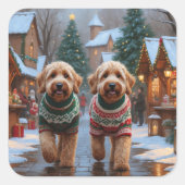 Goldendoodle Dogs Christmas Snow Holiday Vierkante Sticker (Voorkant)